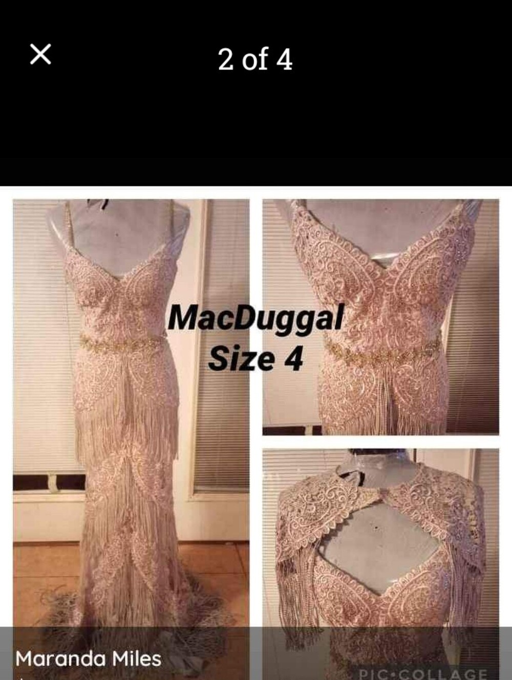 Mac Duggal Platinum Fringe Evening Gown.